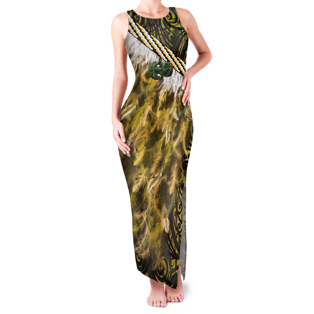 Yellow Traditional Cloak Aotearoa Tank Maxi Dress Maori Paua Shell Korowai Pattern LT14 Women Yellow - Polynesian Pride