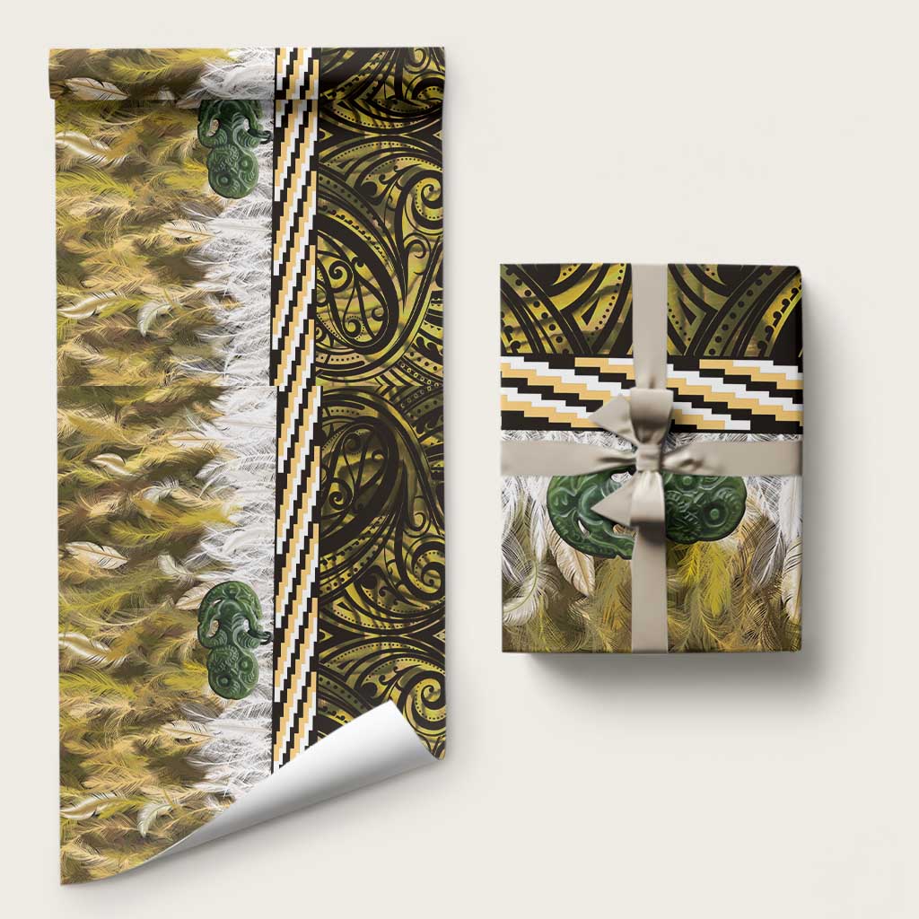 Yellow Traditional Cloak Aotearoa Wrapping Paper Maori Paua Shell Korowai Pattern LT14 58" × 23" Yellow - Polynesian Pride