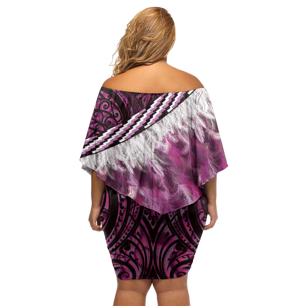 Pink Traditional Cloak Aotearoa Off Shoulder Short Dress Maori Paua Shell Korowai Pattern LT14 - Polynesian Pride