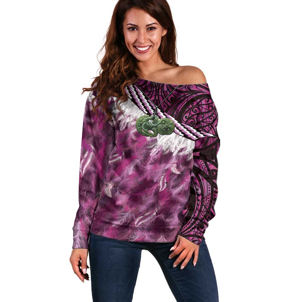 Pink Traditional Cloak Aotearoa Off Shoulder Sweater Maori Paua Shell Korowai Pattern LT14 Women Pink - Polynesian Pride