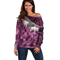 Pink Traditional Cloak Aotearoa Off Shoulder Sweater Maori Paua Shell Korowai Pattern LT14 Women Pink - Polynesian Pride