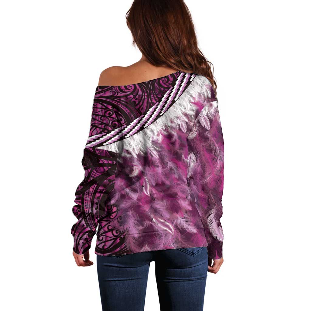 Pink Traditional Cloak Aotearoa Off Shoulder Sweater Maori Paua Shell Korowai Pattern LT14 - Polynesian Pride