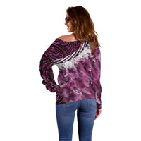 Pink Traditional Cloak Aotearoa Off Shoulder Sweater Maori Paua Shell Korowai Pattern LT14 - Polynesian Pride