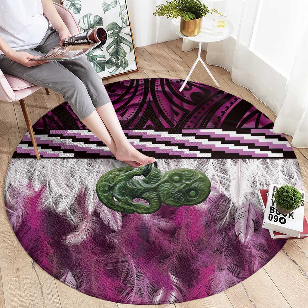 Pink Traditional Cloak Aotearoa Round Carpet Maori Paua Shell Korowai Pattern LT14 - Polynesian Pride