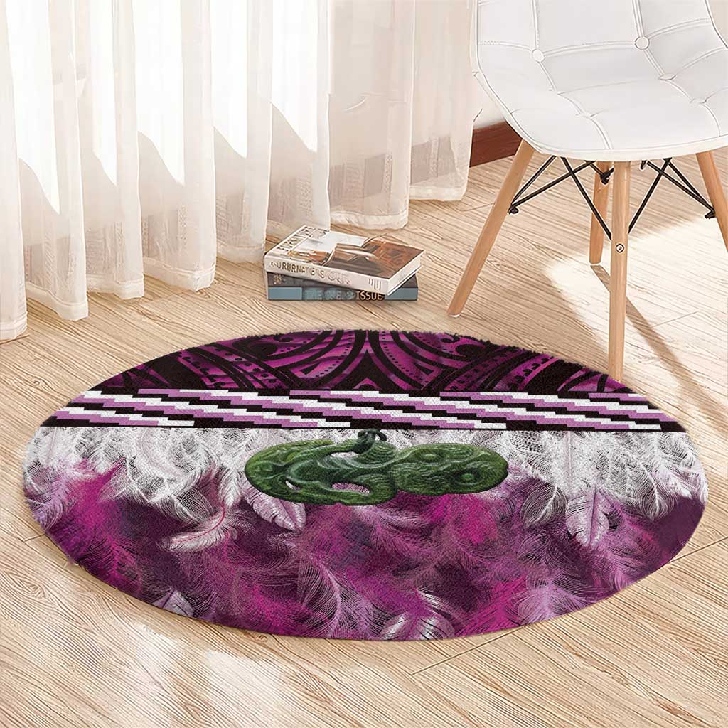 Pink Traditional Cloak Aotearoa Round Carpet Maori Paua Shell Korowai Pattern LT14 - Polynesian Pride