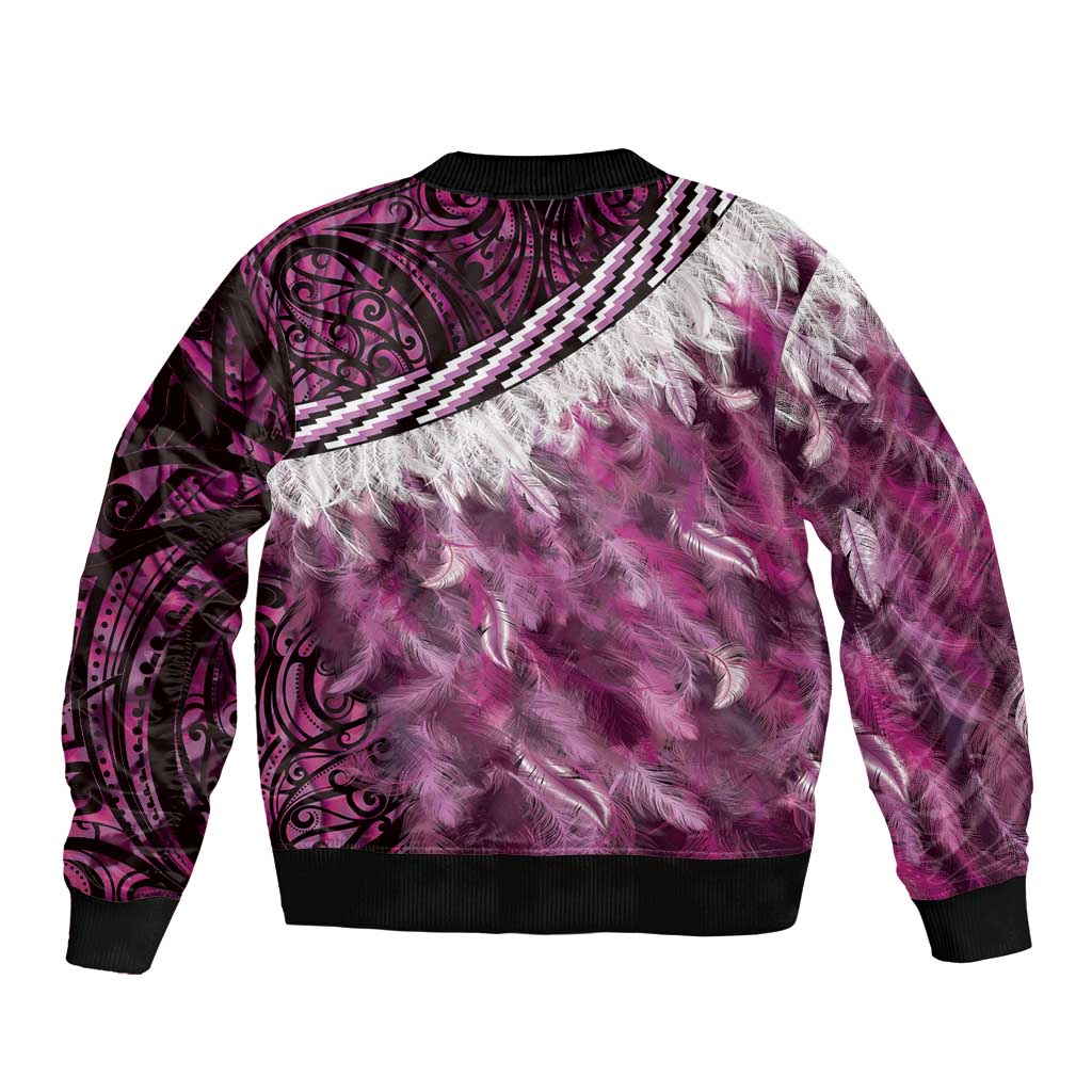 Pink Traditional Cloak Aotearoa Sleeve Zip Bomber Jacket Maori Paua Shell Korowai Pattern LT14 - Polynesian Pride