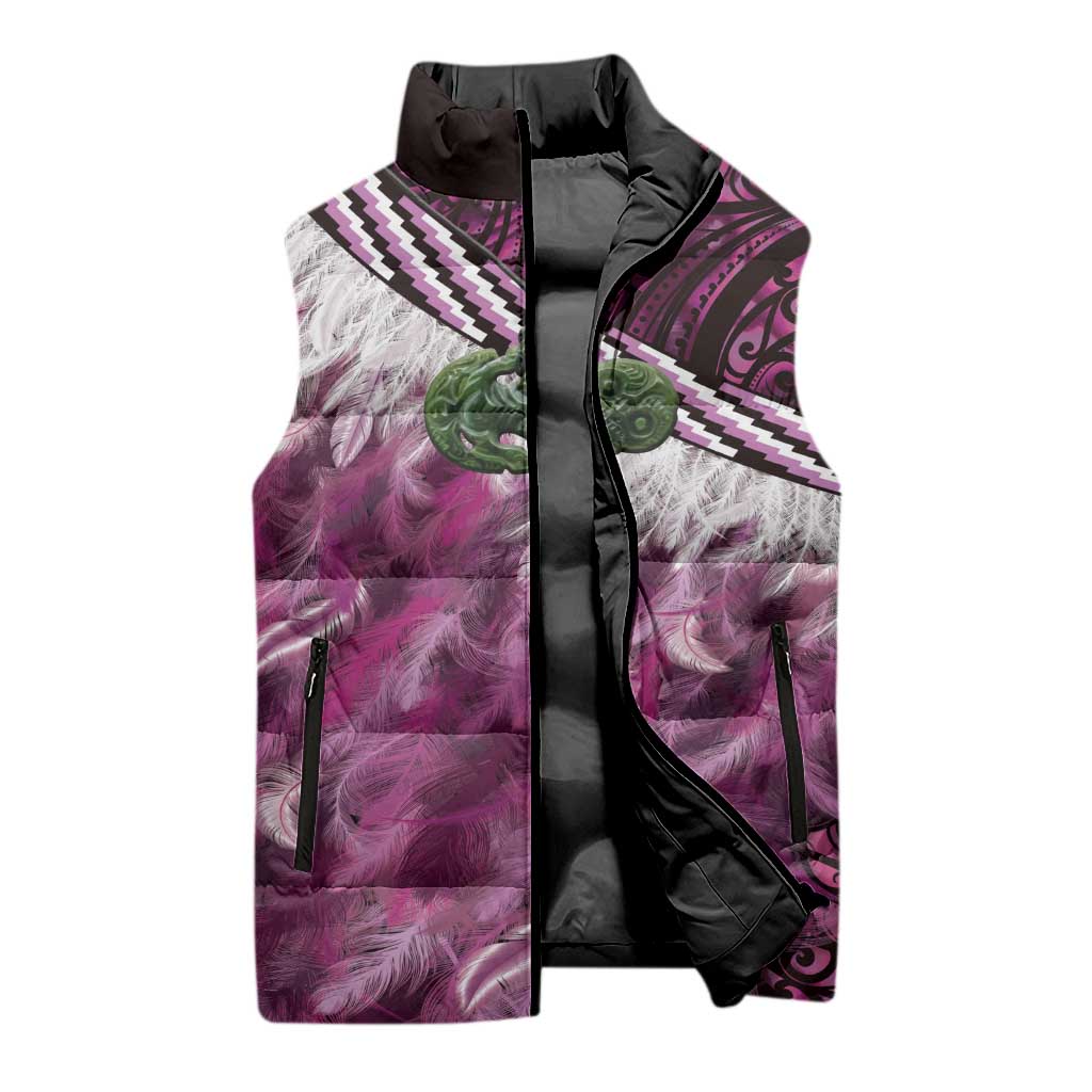 Pink Traditional Cloak Aotearoa Sleeveless Puffer Jacket Maori Paua Shell Korowai Pattern LT14 - Polynesian Pride