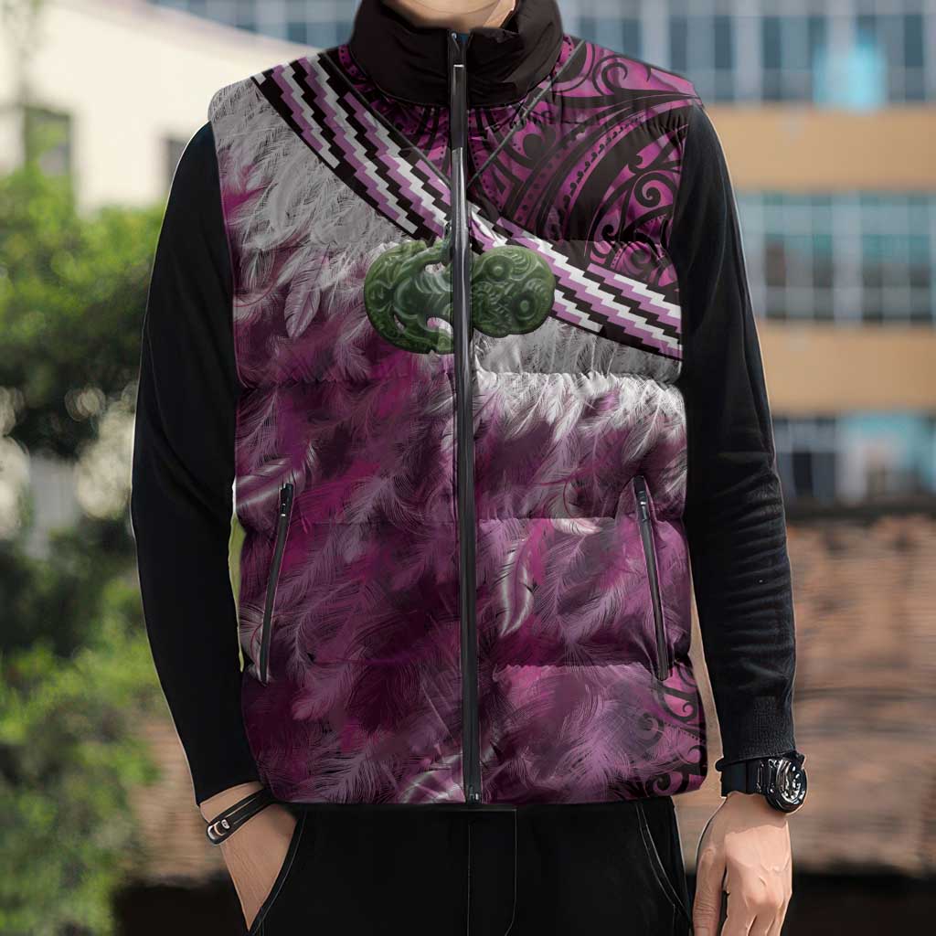 Pink Traditional Cloak Aotearoa Sleeveless Puffer Jacket Maori Paua Shell Korowai Pattern LT14 - Polynesian Pride