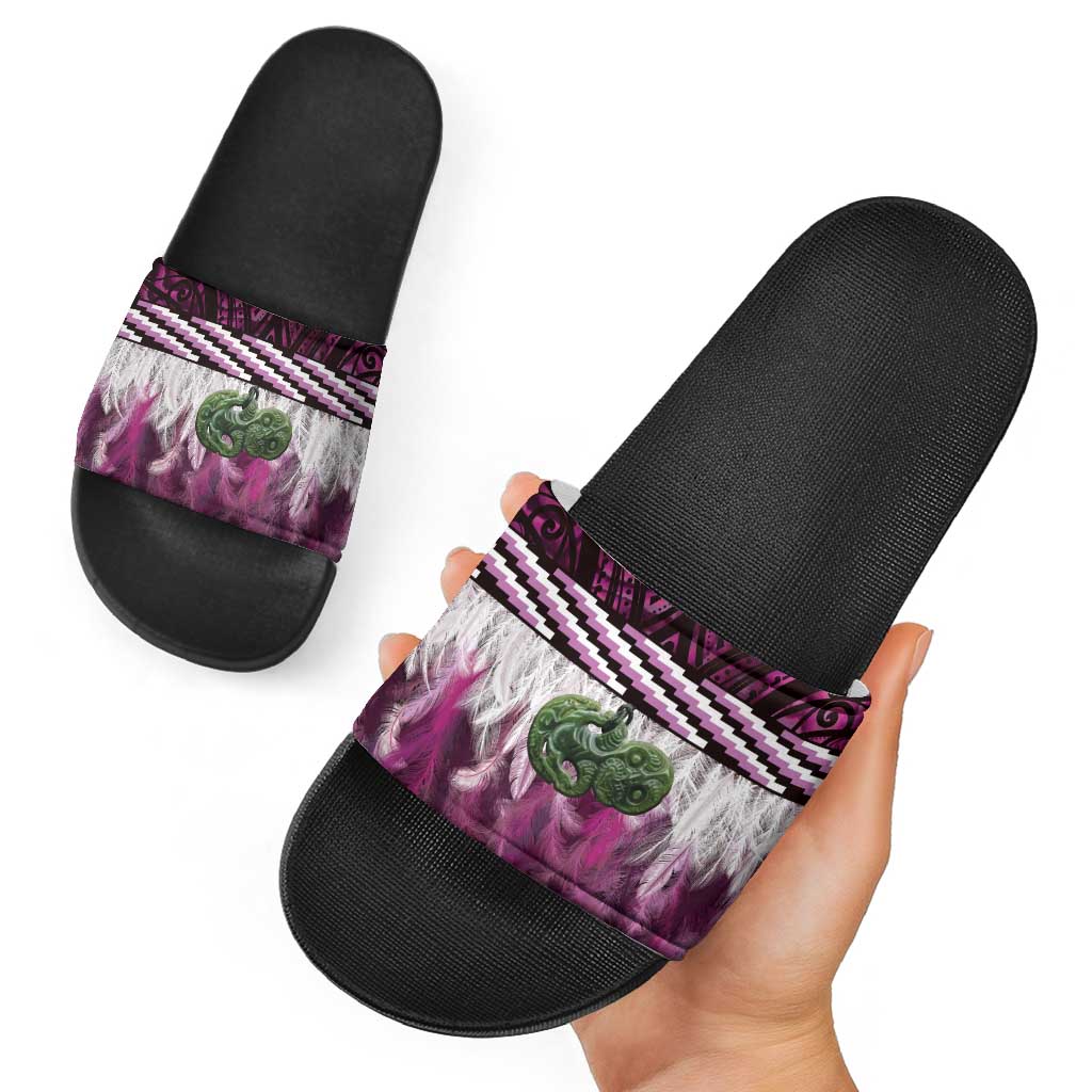 Pink Traditional Cloak Aotearoa Slide Sandals Maori Paua Shell Korowai Pattern LT14 - Polynesian Pride