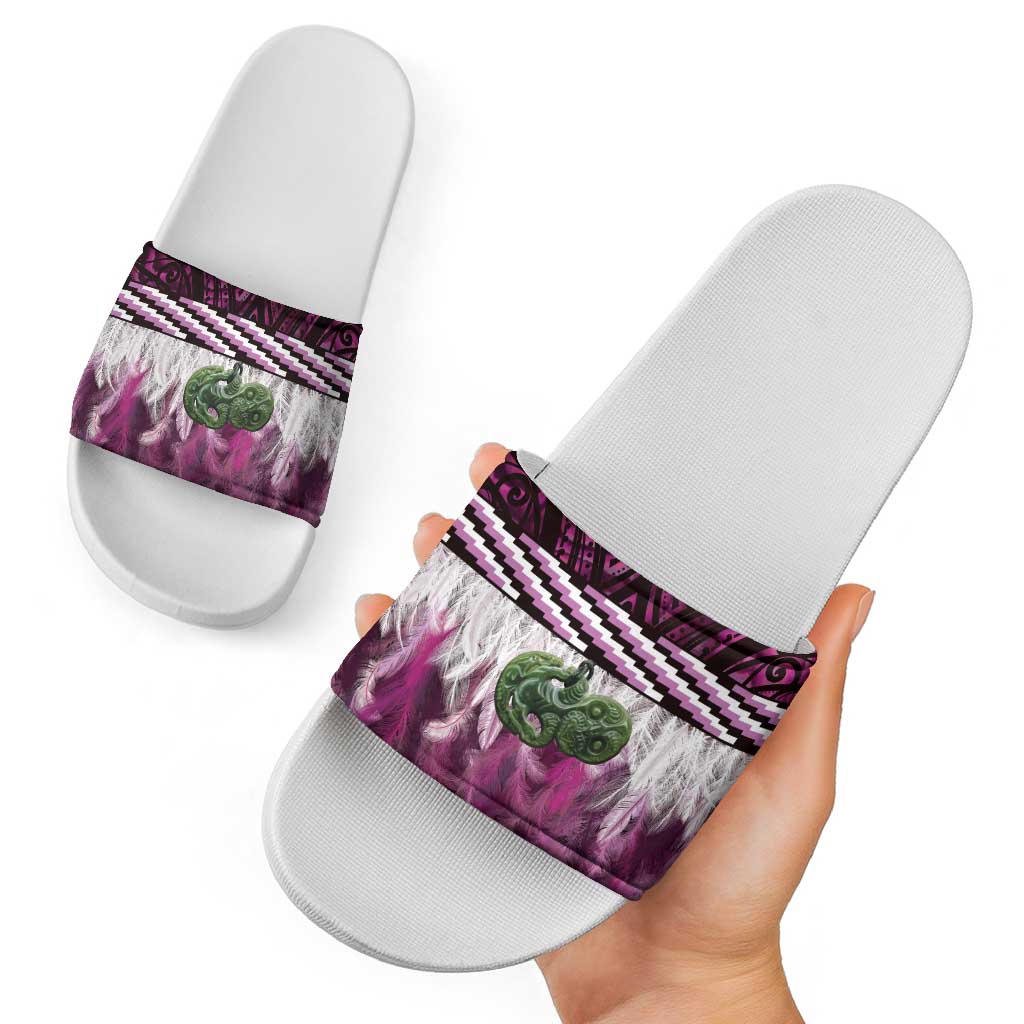 Pink Traditional Cloak Aotearoa Slide Sandals Maori Paua Shell Korowai Pattern LT14 - Polynesian Pride