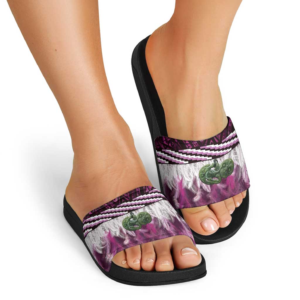 Pink Traditional Cloak Aotearoa Slide Sandals Maori Paua Shell Korowai Pattern LT14 - Polynesian Pride