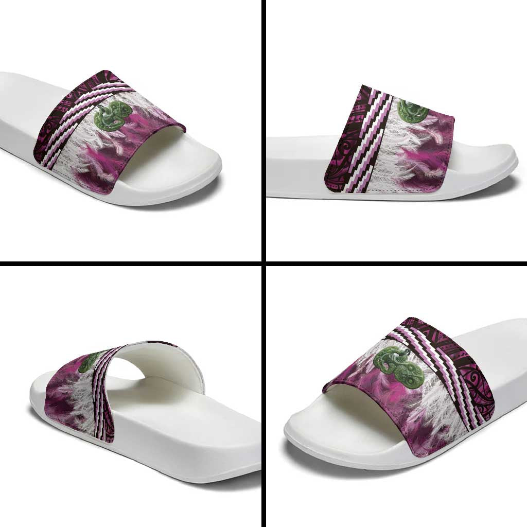 Pink Traditional Cloak Aotearoa Slide Sandals Maori Paua Shell Korowai Pattern LT14 - Polynesian Pride