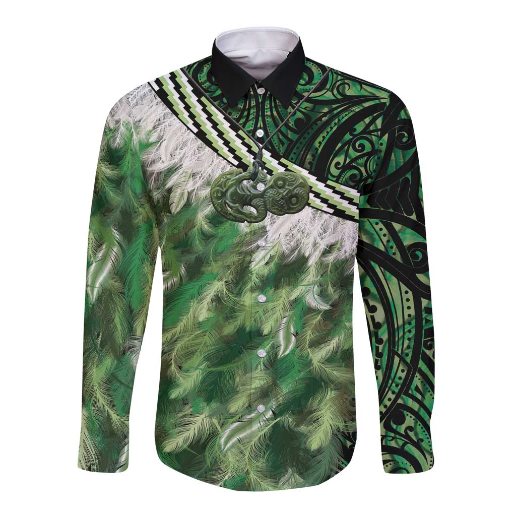 Green Traditional Cloak Aotearoa Long Sleeve Button Shirt Maori Paua Shell Korowai Pattern LT14 Unisex Green - Polynesian Pride