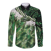 Green Traditional Cloak Aotearoa Long Sleeve Button Shirt Maori Paua Shell Korowai Pattern LT14 Unisex Green - Polynesian Pride