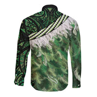 Green Traditional Cloak Aotearoa Long Sleeve Button Shirt Maori Paua Shell Korowai Pattern LT14 - Polynesian Pride