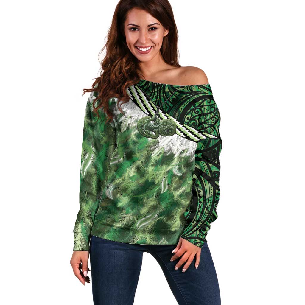 Green Traditional Cloak Aotearoa Off Shoulder Sweater Maori Paua Shell Korowai Pattern LT14 Women Green - Polynesian Pride