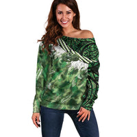 Green Traditional Cloak Aotearoa Off Shoulder Sweater Maori Paua Shell Korowai Pattern LT14 Women Green - Polynesian Pride