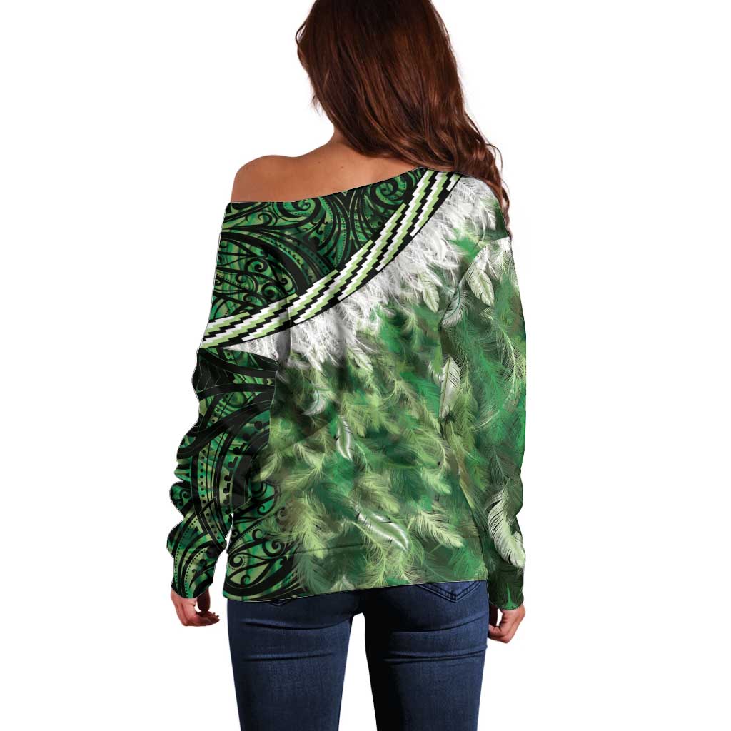 Green Traditional Cloak Aotearoa Off Shoulder Sweater Maori Paua Shell Korowai Pattern LT14 - Polynesian Pride