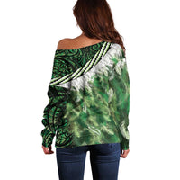 Green Traditional Cloak Aotearoa Off Shoulder Sweater Maori Paua Shell Korowai Pattern LT14 - Polynesian Pride