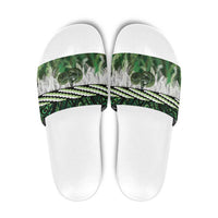 Green Traditional Cloak Aotearoa Slide Sandals Maori Paua Shell Korowai Pattern LT14 Green - Polynesian Pride