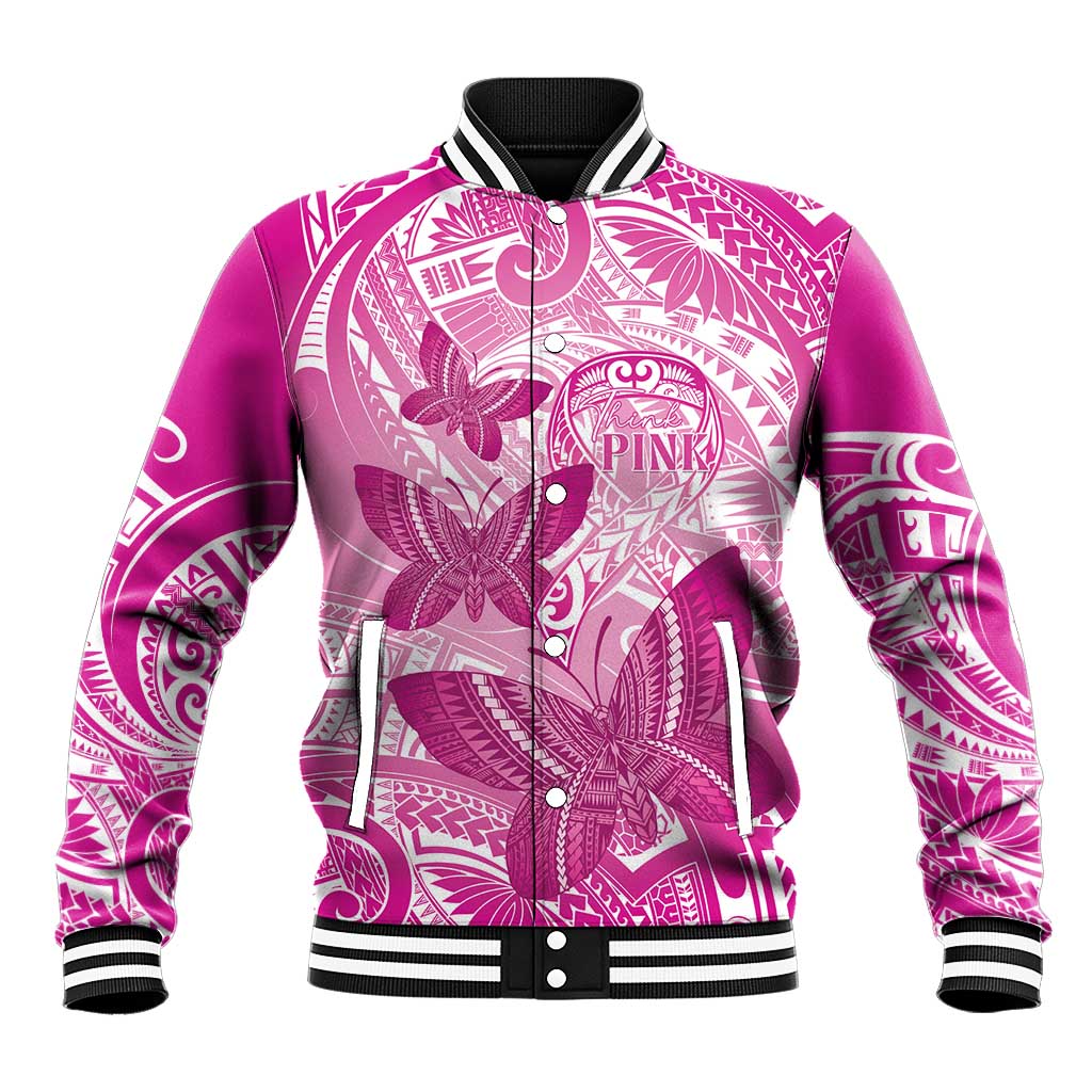 Personalised Polynesia Breast Cancer Awareness Baseball Jacket Think Pink Ribbon Polynesian Butterflies LT14 Unisex Pink - Polynesian Pride