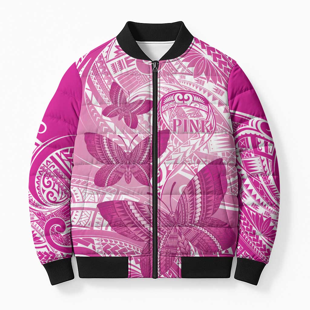Personalised Polynesia Breast Cancer Awareness Bomber Puffer Jacket Think Pink Ribbon Polynesian Butterflies LT14 Unisex Pink - Polynesian Pride