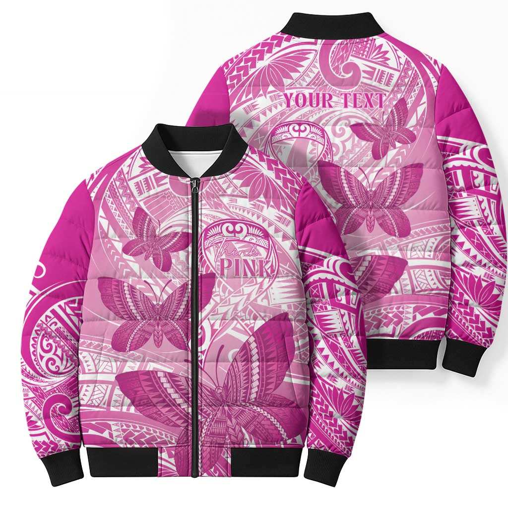Personalised Polynesia Breast Cancer Awareness Bomber Puffer Jacket Think Pink Ribbon Polynesian Butterflies LT14 - Polynesian Pride