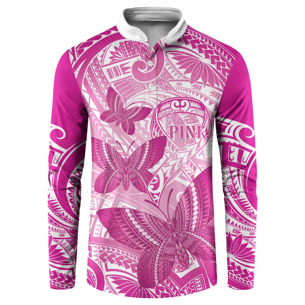 Personalised Polynesia Breast Cancer Awareness Button Sweatshirt Think Pink Ribbon Polynesian Butterflies LT14 Pink - Polynesian Pride