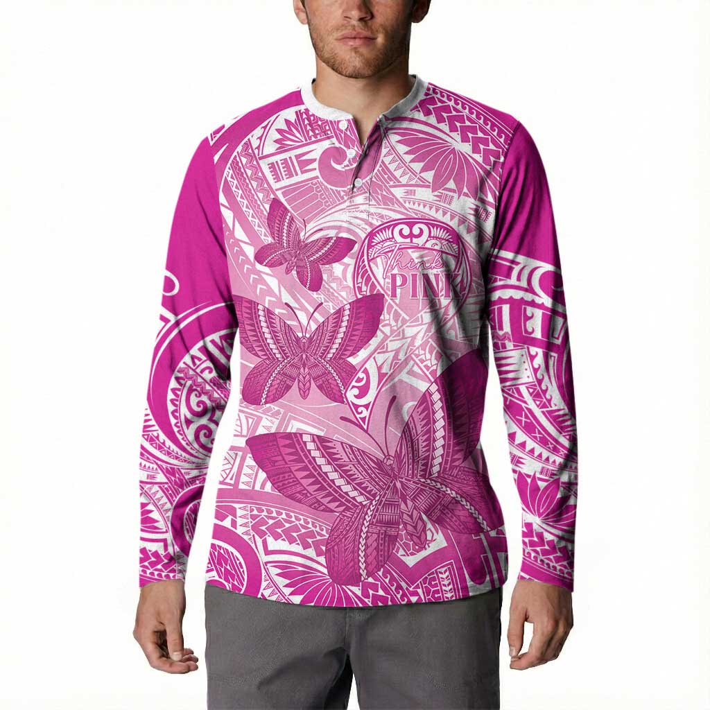 Personalised Polynesia Breast Cancer Awareness Button Sweatshirt Think Pink Ribbon Polynesian Butterflies LT14 - Polynesian Pride