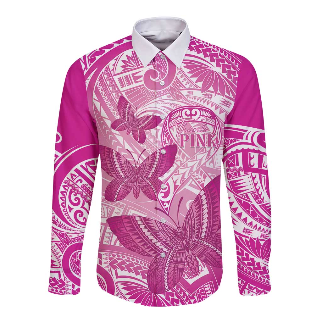 Personalised Polynesia Breast Cancer Awareness Long Sleeve Button Shirt Think Pink Ribbon Polynesian Butterflies LT14 Unisex Pink - Polynesian Pride