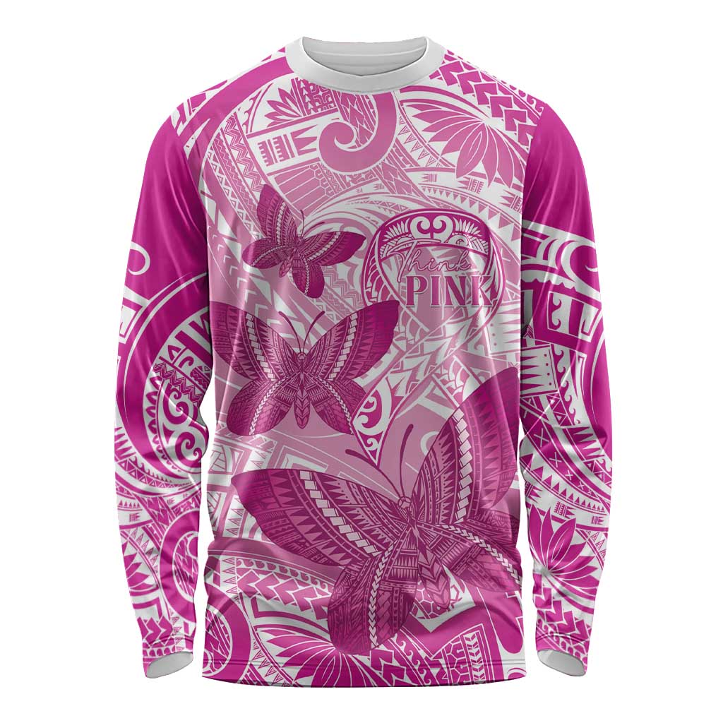 Personalised Polynesia Breast Cancer Awareness Long Sleeve Shirt Think Pink Ribbon Polynesian Butterflies LT14 Unisex Pink - Polynesian Pride