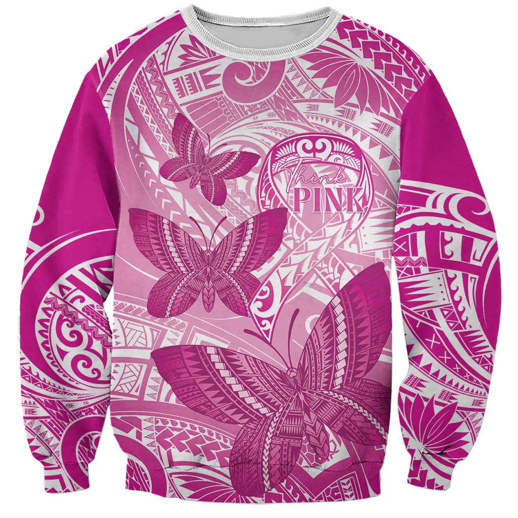 Personalised Polynesia Breast Cancer Awareness Sweatshirt Think Pink Ribbon Polynesian Butterflies LT14 Unisex Pink - Polynesian Pride