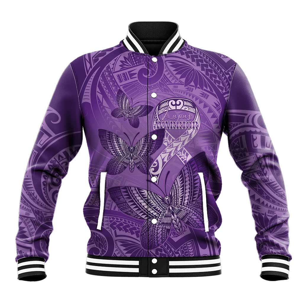 Personalised Polynesia Lupus Awareness Month Baseball Jacket Warrior Purple Ribbon Polynesian Butterflies LT14 Unisex Purple - Polynesian Pride