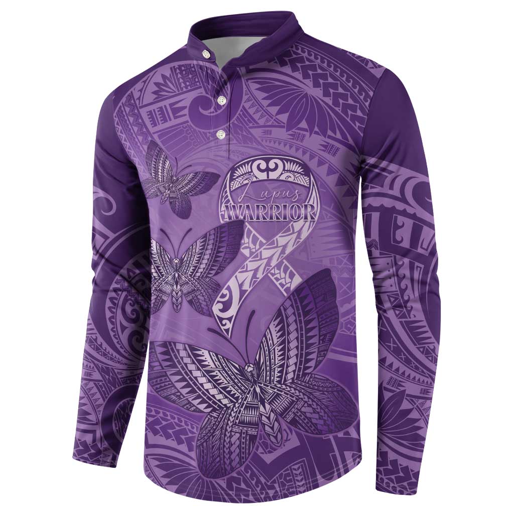 Personalised Polynesia Lupus Awareness Month Button Sweatshirt Warrior Purple Ribbon Polynesian Butterflies LT14 - Polynesian Pride