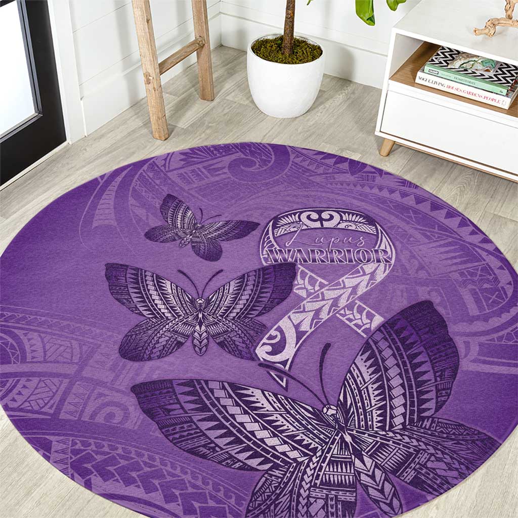 Polynesia Lupus Awareness Month Round Carpet Warrior Purple Ribbon Polynesian Butterflies LT14 Purple - Polynesian Pride