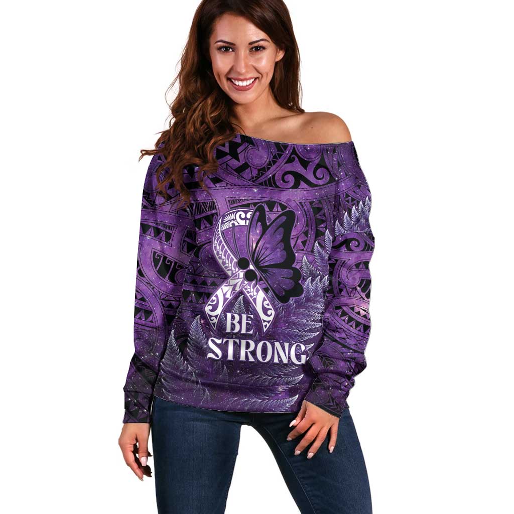 Lupus Awareness Month New Zealand Off Shoulder Sweater Be Strong Warrior Maori Silver Fern LT14 Women Purple - Polynesian Pride