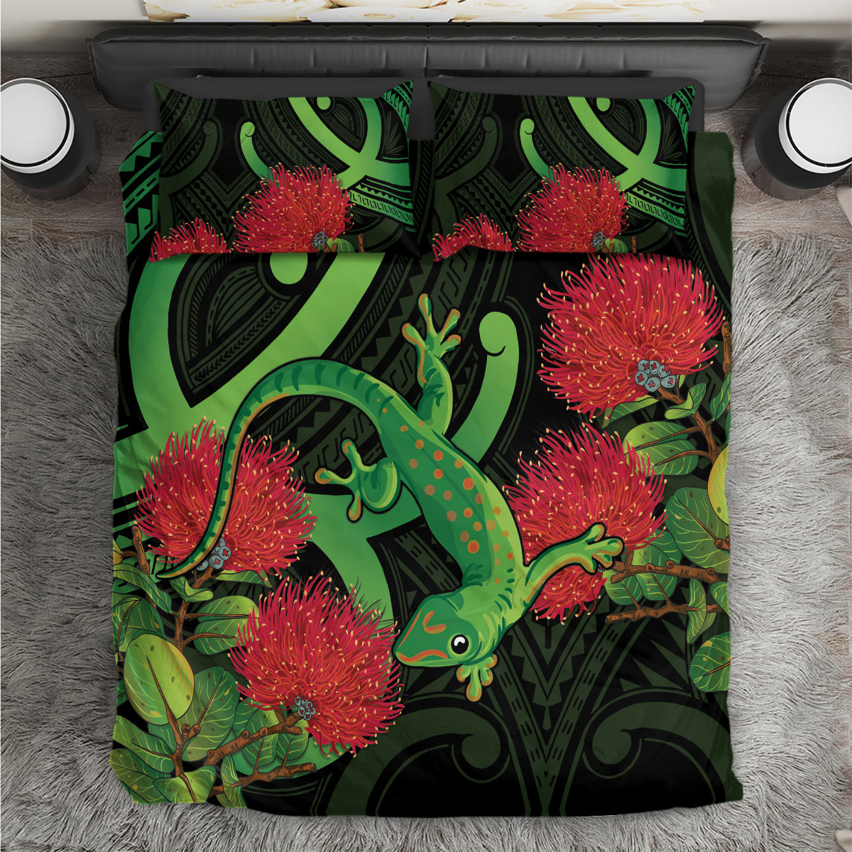 New Zealand Gecko Bedding Set Aotearoa Maori With Pohutukawa Flowers LT14 Black - Polynesian Pride