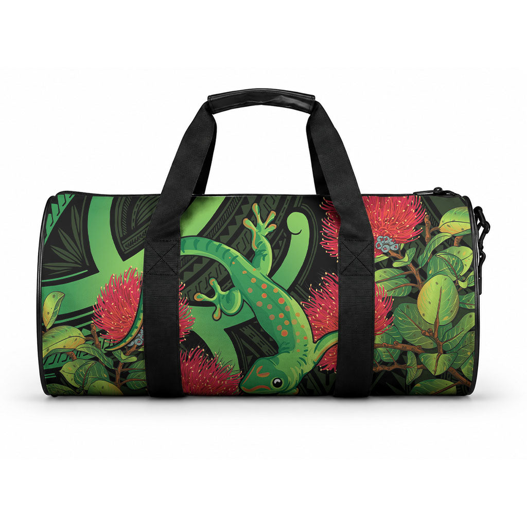 New Zealand Gecko Duffle Bag Aotearoa Maori With Pohutukawa Flowers LT14 One size Black - Polynesian Pride