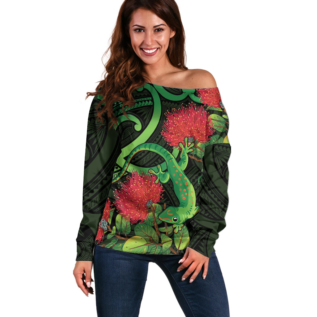 New Zealand Gecko Off Shoulder Sweater Aotearoa Maori With Pohutukawa Flowers LT14 Women Black - Polynesian Pride