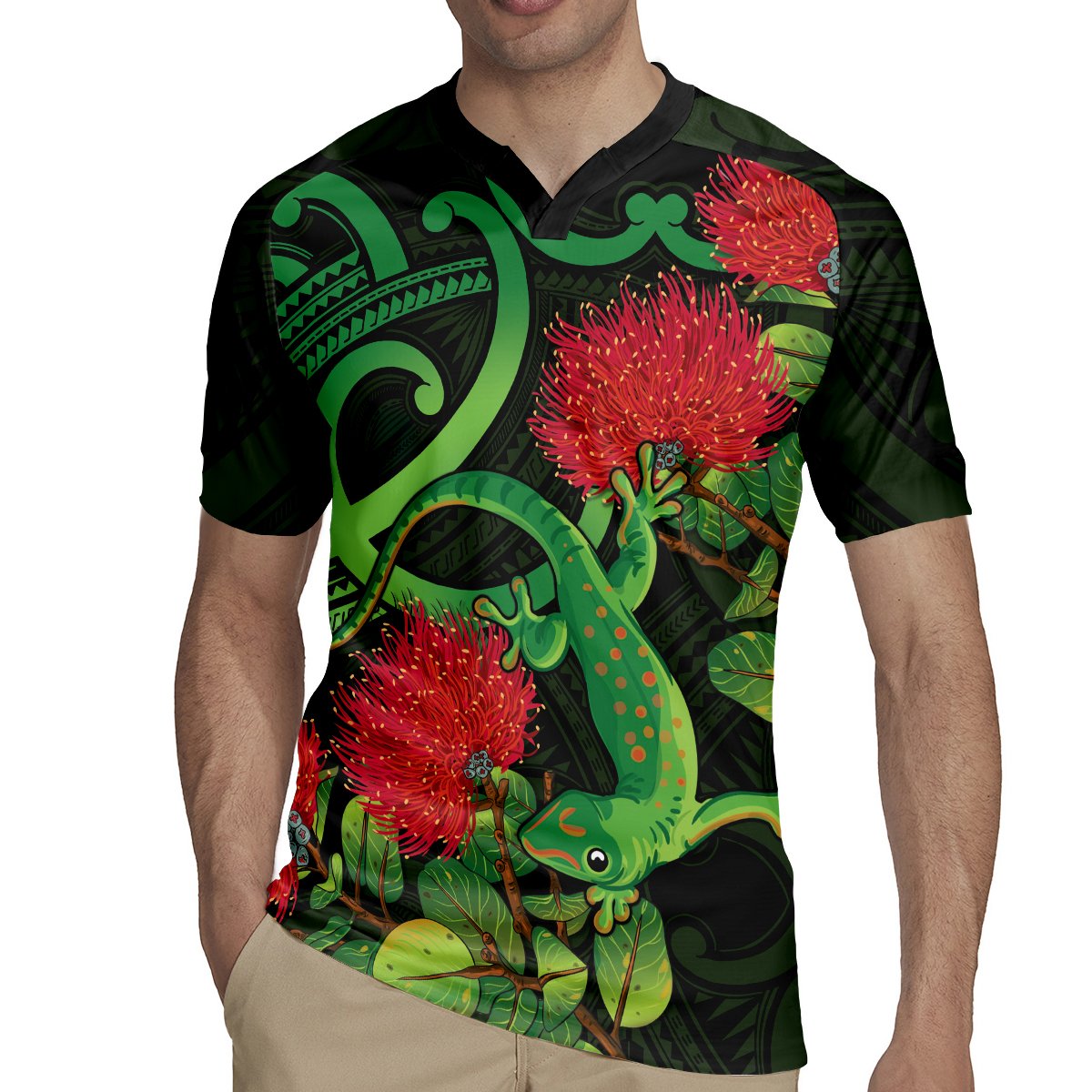 New Zealand Gecko Rugby Jersey Aotearoa Maori With Pohutukawa Flowers LT14 - Polynesian Pride
