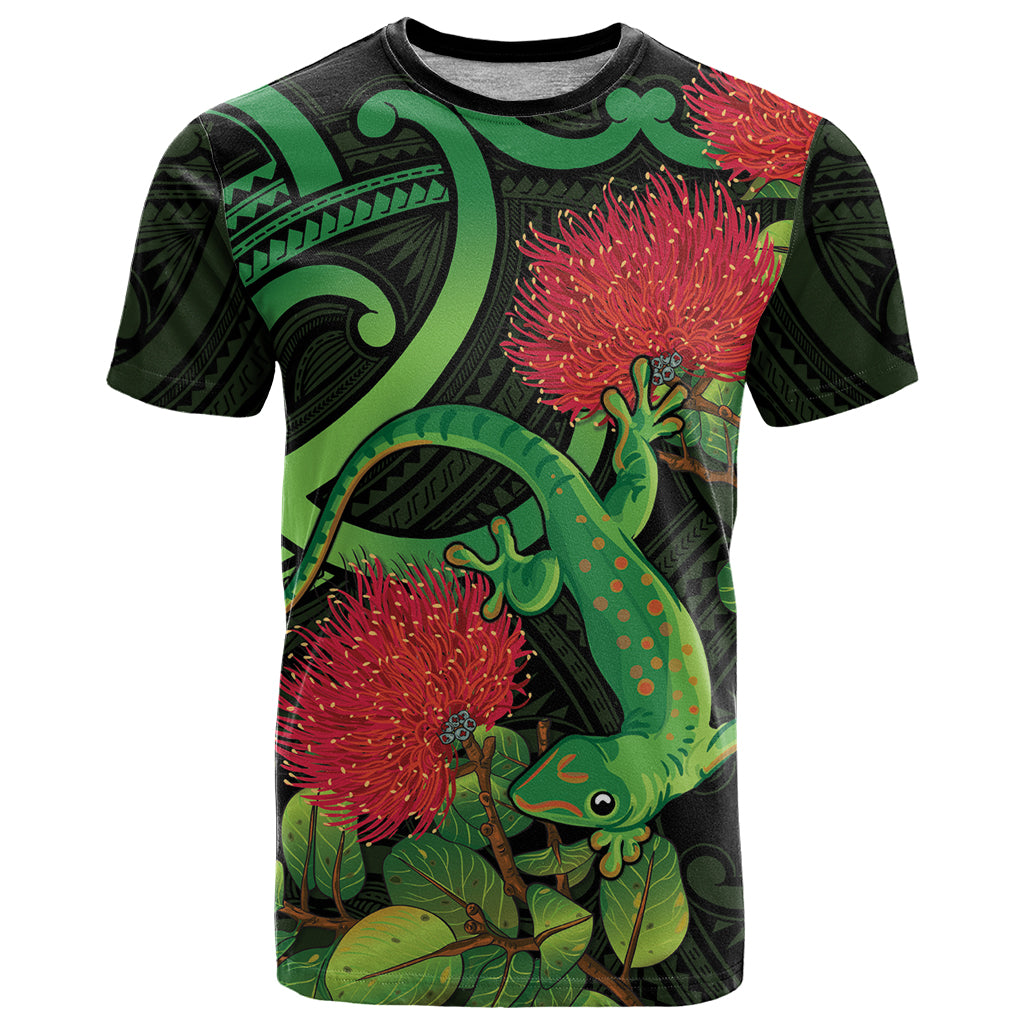 New Zealand Gecko T Shirt Aotearoa Maori With Pohutukawa Flowers