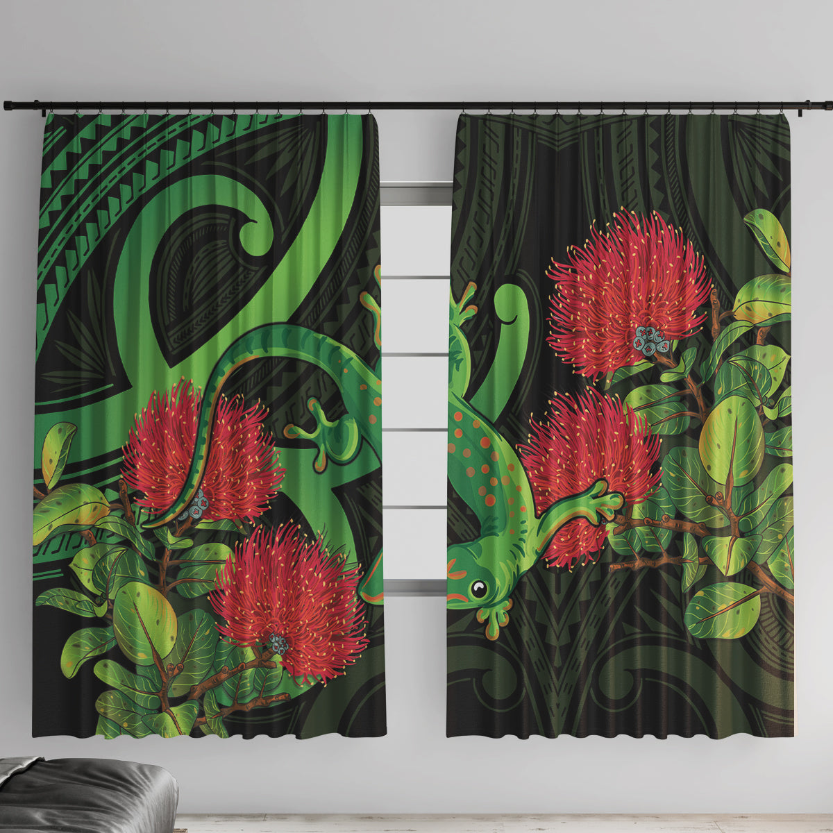 New Zealand Gecko Window Curtain Aotearoa Maori With Pohutukawa Flowers LT14 With Hooks Black - Polynesian Pride