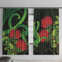 New Zealand Gecko Window Curtain Aotearoa Maori With Pohutukawa Flowers LT14 With Hooks Black - Polynesian Pride