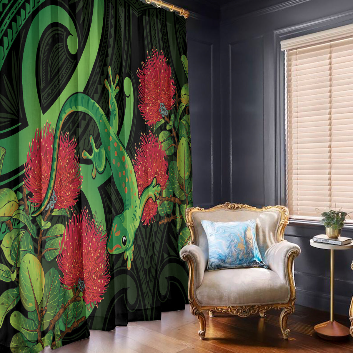 New Zealand Gecko Window Curtain Aotearoa Maori With Pohutukawa Flowers LT14 - Polynesian Pride