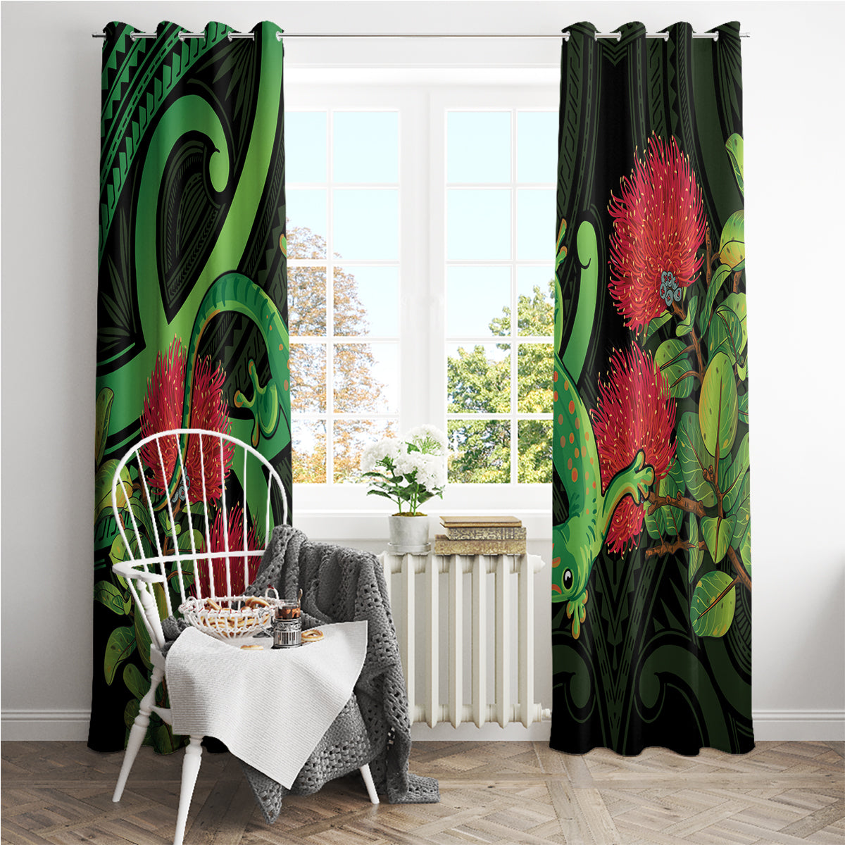 New Zealand Gecko Window Curtain Aotearoa Maori With Pohutukawa Flowers LT14 - Polynesian Pride
