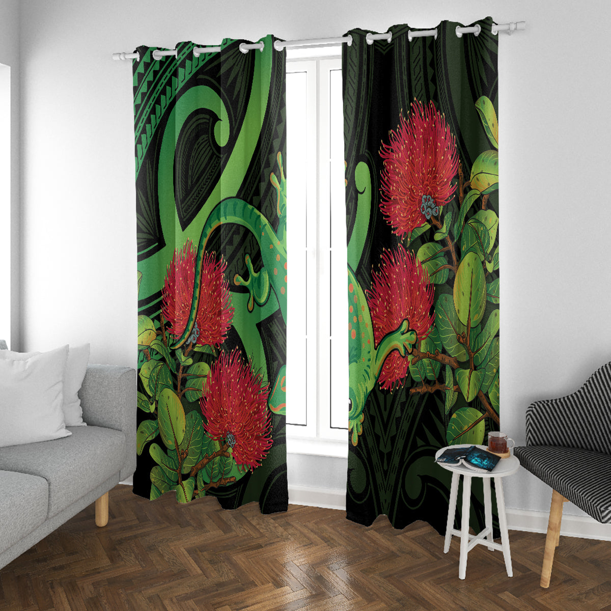 New Zealand Gecko Window Curtain Aotearoa Maori With Pohutukawa Flowers LT14 With Grommets Black - Polynesian Pride