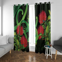 New Zealand Gecko Window Curtain Aotearoa Maori With Pohutukawa Flowers LT14 With Grommets Black - Polynesian Pride