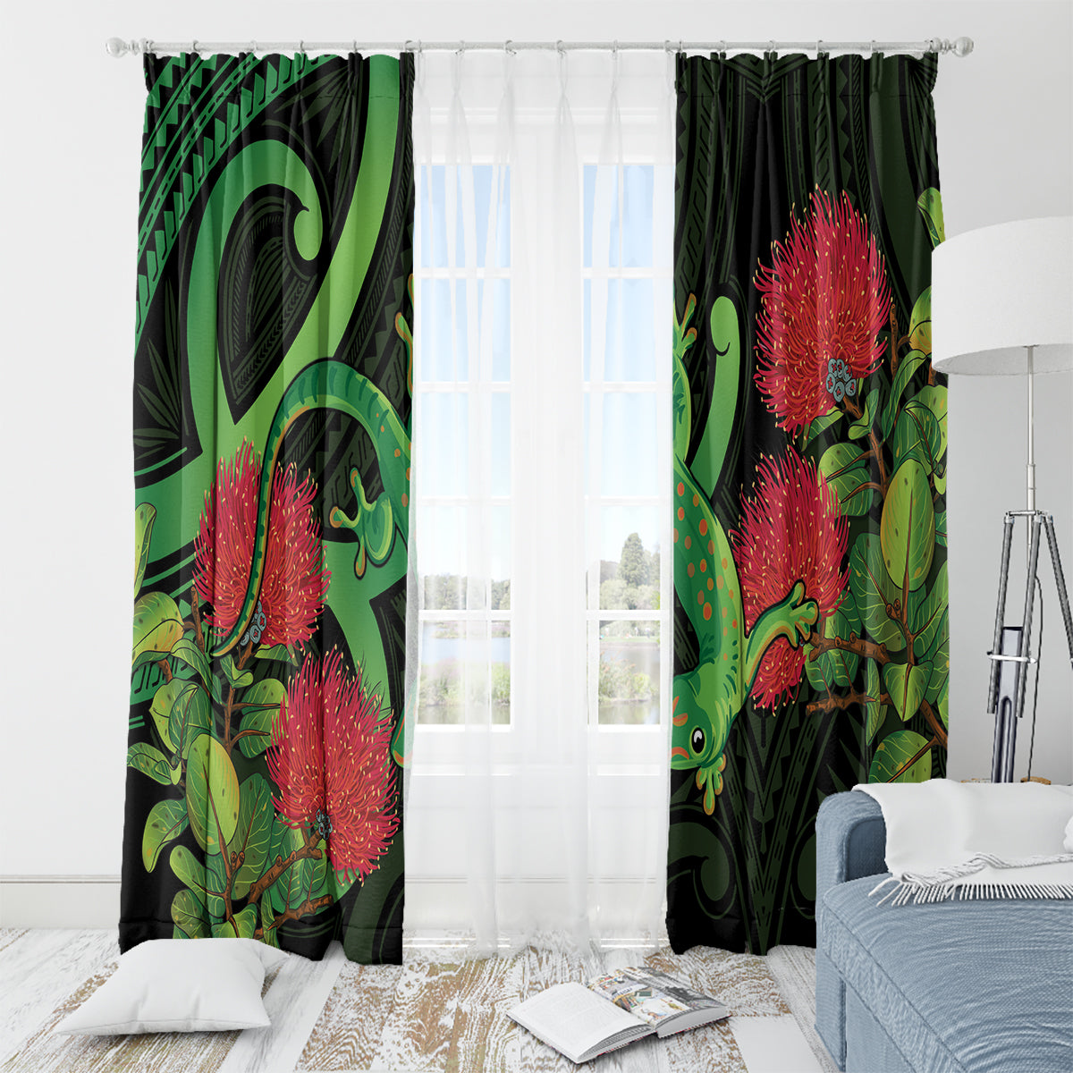 New Zealand Gecko Window Curtain Aotearoa Maori With Pohutukawa Flowers LT14 - Polynesian Pride