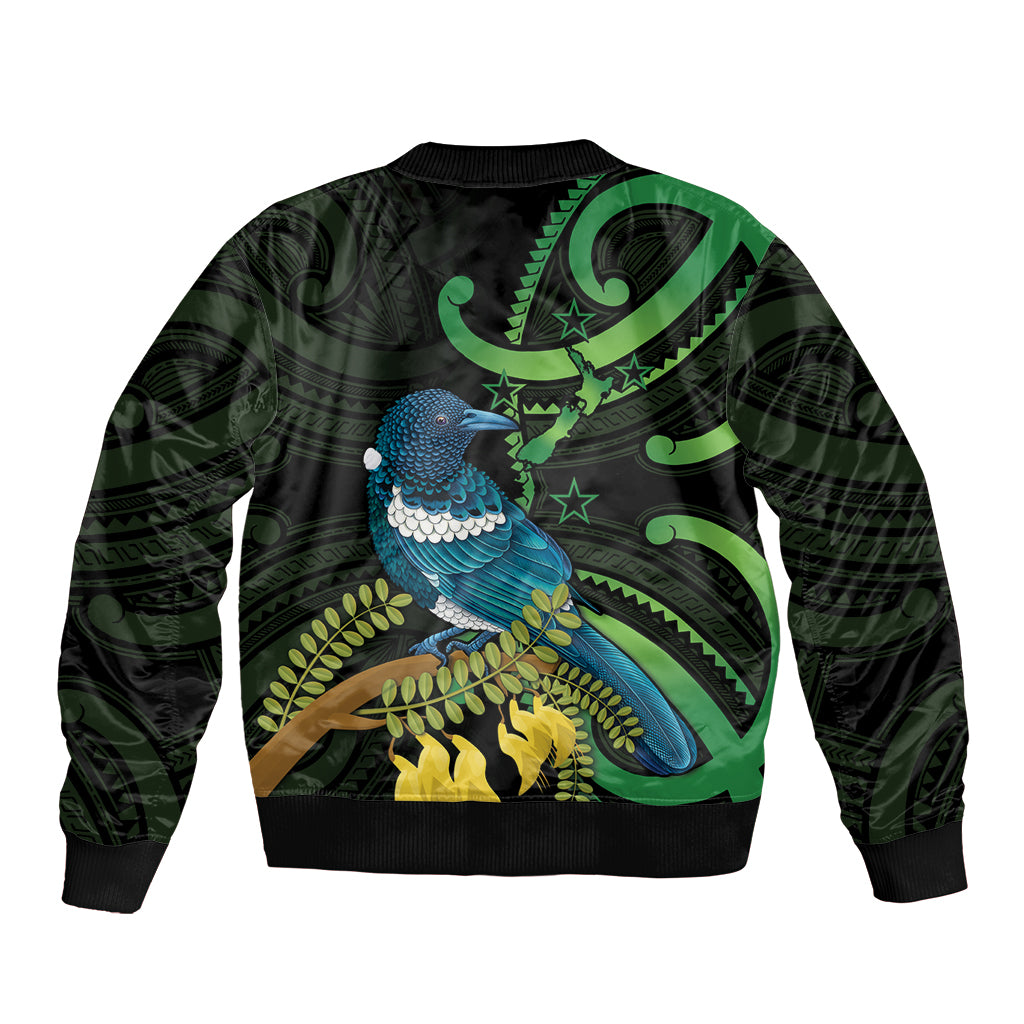 New Zealand Tui Bird Bomber Jacket Aotearoa Maori With Kowhai Flowers LT14 - Polynesian Pride