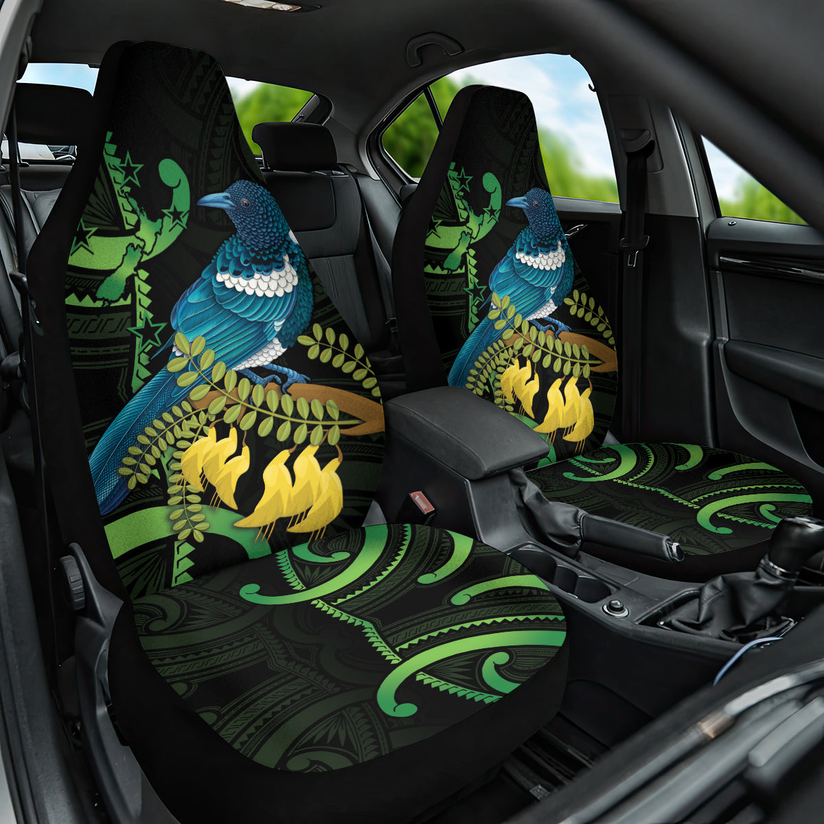 New Zealand Tui Bird Car Seat Cover Aotearoa Maori With Kowhai Flowers LT14 One Size Black - Polynesian Pride